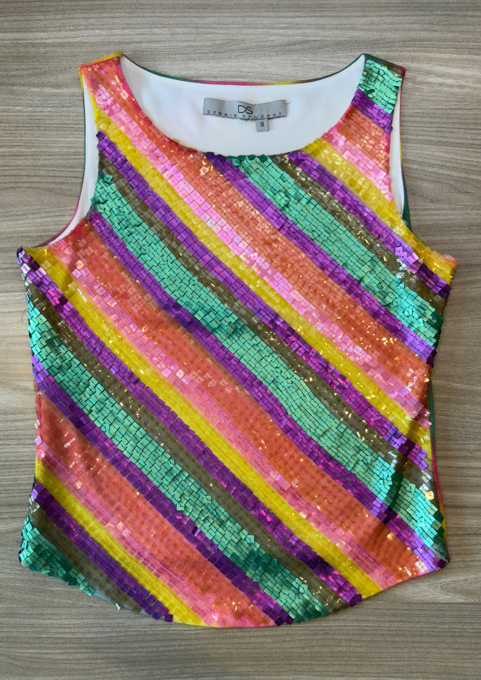 Debbie Shuchat Women's Multi-Color Sequin Striped Tank Top Size 8 Rainbow Disco